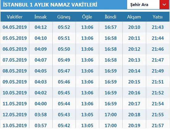 diyanet iftar ve sahur vakitleri 2019 istanbul ramazan imsakiyesi